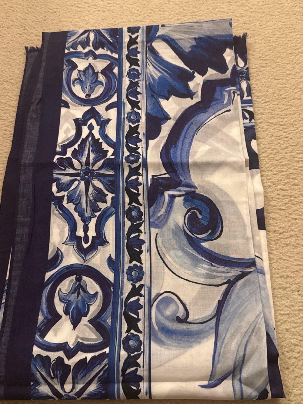 Dolce & Gabbana Blue and White Floral Scroll Beachwear Scarf